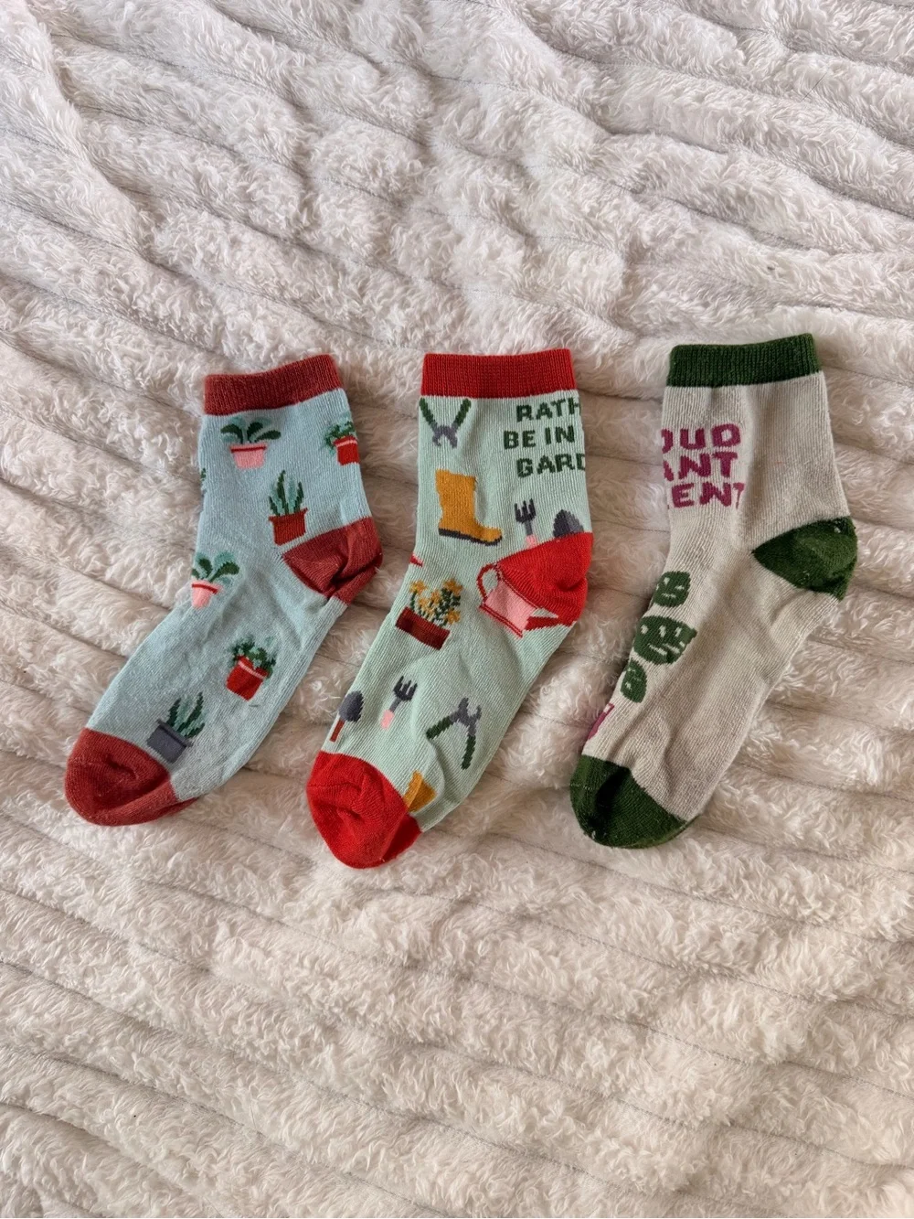 Garden-Themed Crew Socks Trio - Mint, Light Blue & Beige